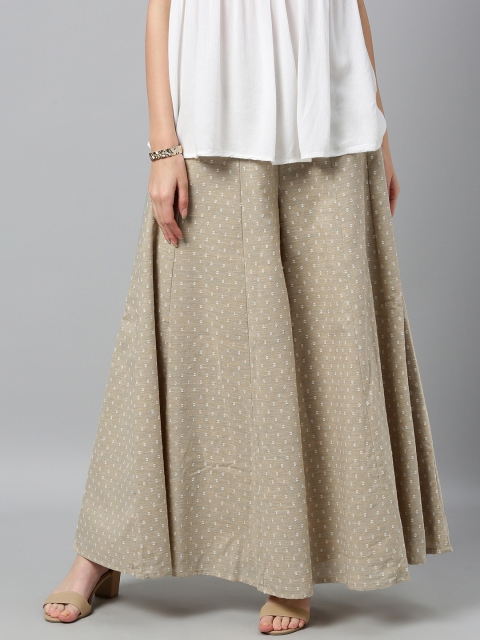 

Global Desi Women Beige Self Design Wide Leg Palazzos
