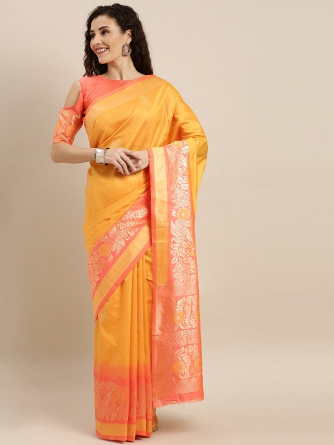 

SHAVYA Yellow & Golden Pure Silk Woven Design Banarasi Saree
