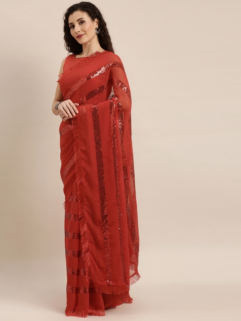 

SHAVYA Red Striped Pure Georgette Celebrity Saree with Sequinned Detail