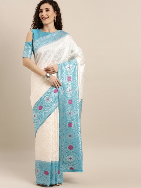 

SHAVYA Off-White & Turquoise Blue Pure Silk Woven Design Banarasi Saree