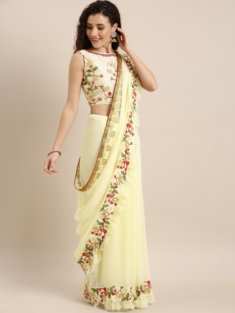 

SHAVYA Cream-Coloured Solid Silk Blend Ruffled Saree