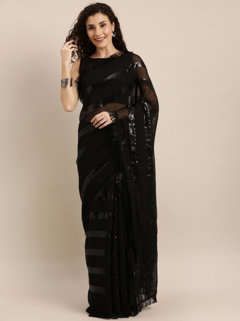 

SHAVYA Black Striped Pure Georgette Celebrity Saree with Sequinned Detail