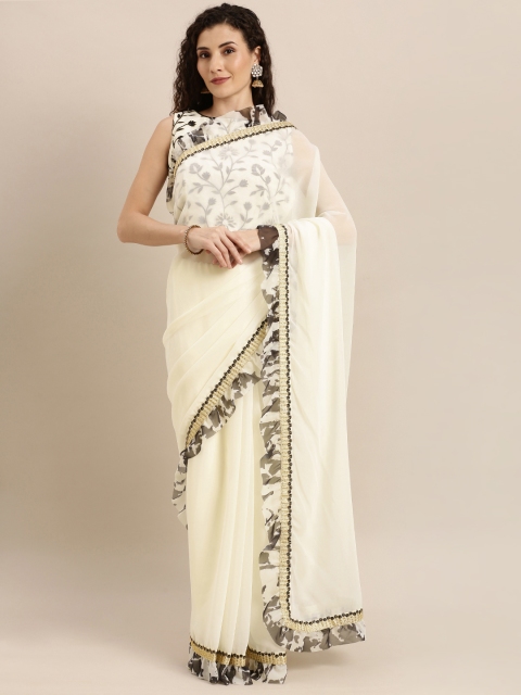 

SHAVYA White Solid Pure Georgette Saree with Ruffles