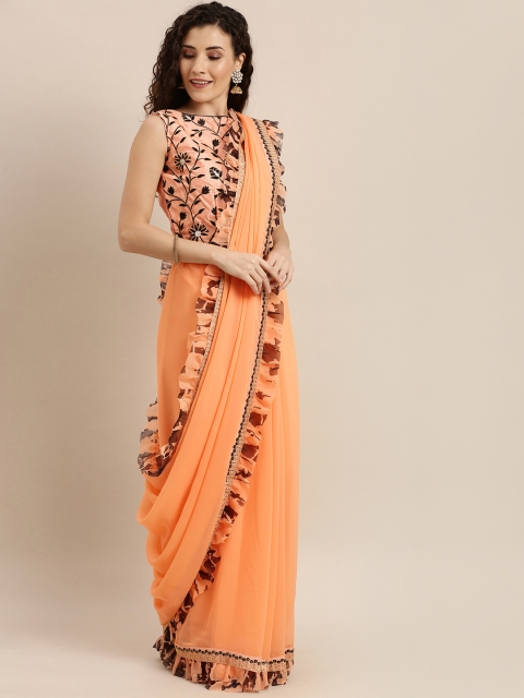 

SHAVYA Peach-Coloured Solid Pure Georgette Saree with Ruffles