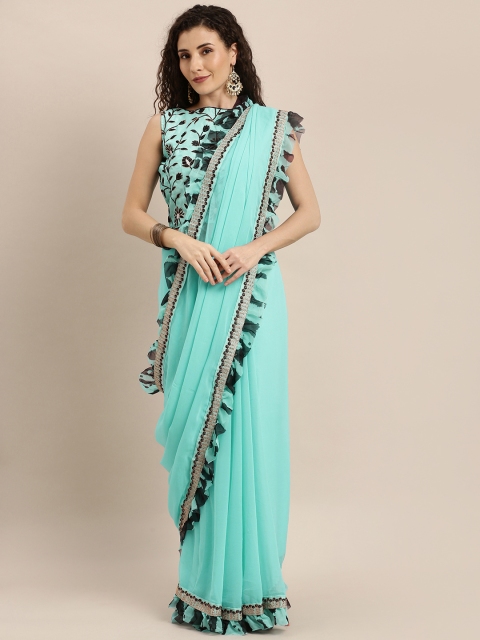 

SHAVYA Turquoise Blue Solid Pure Georgette Ruffled Party Saree