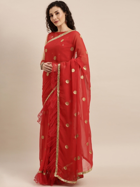 

SHAVYA Red & Gold-Toned Pure Georgette Woven Design Ruffled Saree