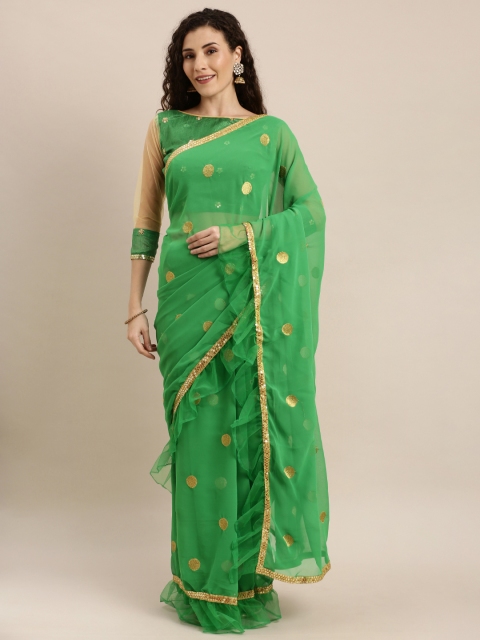 

SHAVYA Green Woven Design Pure Georgette Ruffled Saree