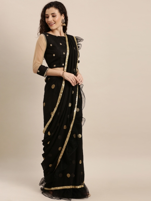 

SHAVYA Black Woven Design Pure Georgette Ruffled Saree