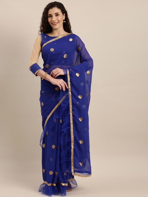 

SHAVYA Blue & Gold-Toned Pure Georgette Woven Design Ruffled Saree