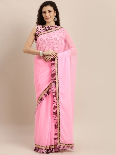 

SHAVYA Pink Solid Pure Georgette Ruffled Party Saree