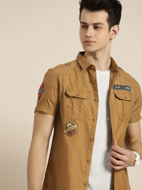 

Moda Rapido Men Khaki Slim Fit Solid Casual Shirt with Applique Detail