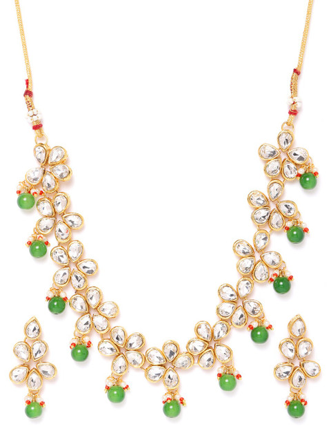 

Zaveri Pearls Green & Red Gold-Plated Kundan-Studded & Beaded Jewellery Set