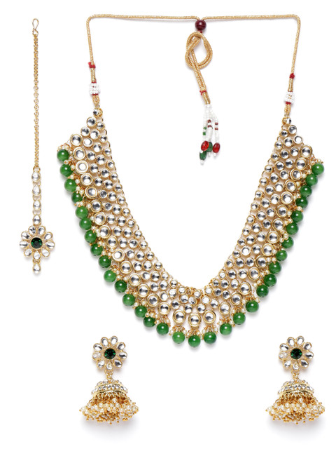 

Zaveri Pearls Green Gold-Plated Kundan-Studded Beaded Jewellery Set