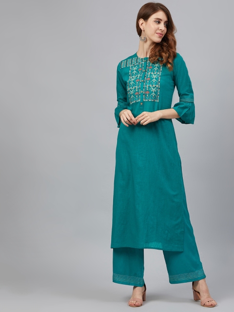 

Juniper Women Teal Green & Beige Embroidered Yoke Design Kurta with Palazzos