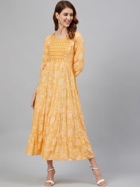 

Juniper Women Yellow & off White Printed Tiered Maxi Dress