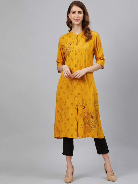 

Juniper Women Mustard Yellow & Black Printed A-Line Kurta