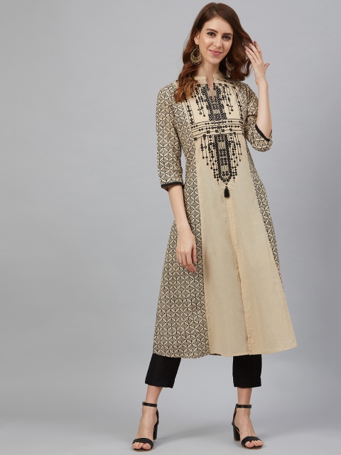 

Juniper Women Beige & Black Cambric Printed A-Line Kurta