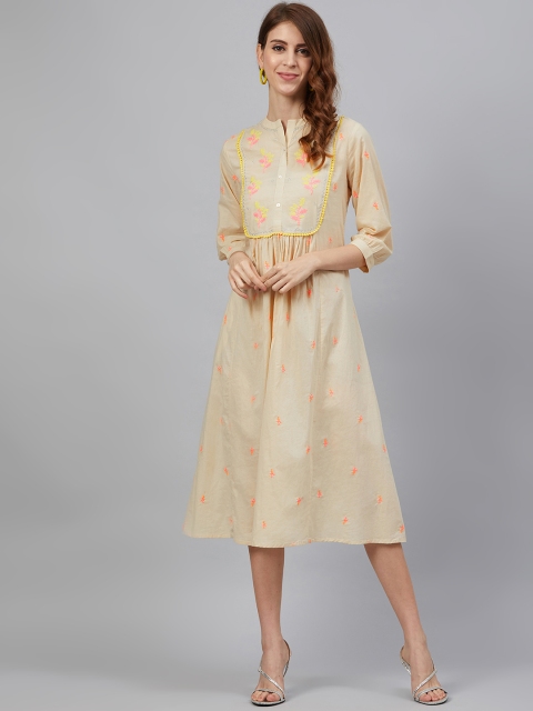 

Juniper Women Beige & Neon Orange Lace Embroidered A-Line Dress