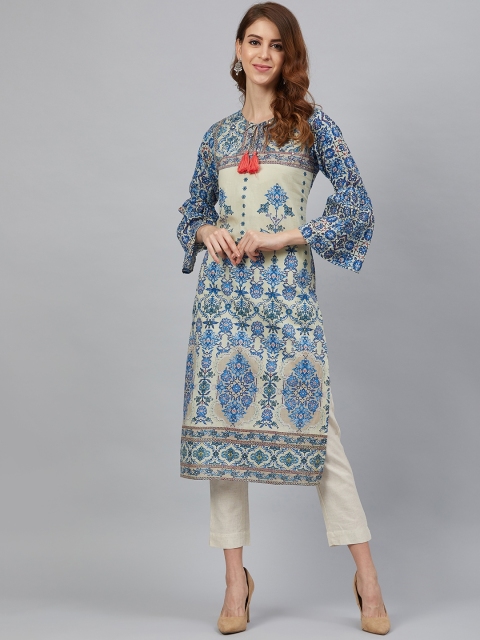 

Juniper Women Green & Blue Cambric Printed Straight Kurta