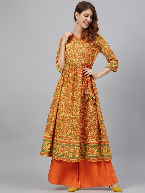 

Juniper Women Yellow & Orange Cambric Paisley Printed Angrakha A-Line Kurta