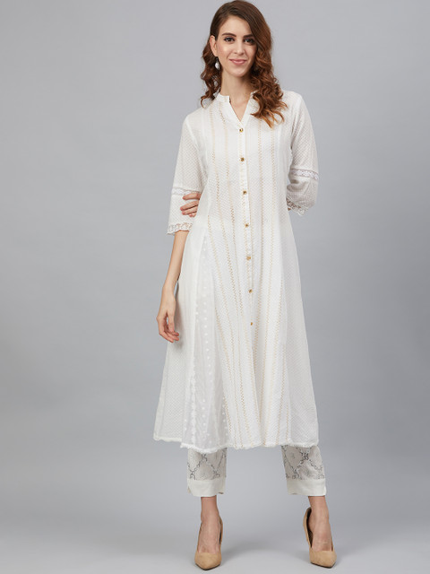 

Juniper Women White & Golden Woven Design Dobby Weaved A-Line Kurta