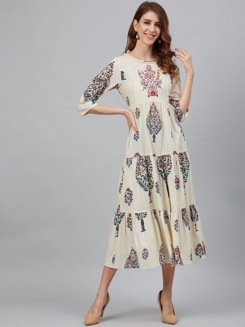 

Juniper Women Cream-Coloured & Teal Blue Printed Tiered A-Line Dress