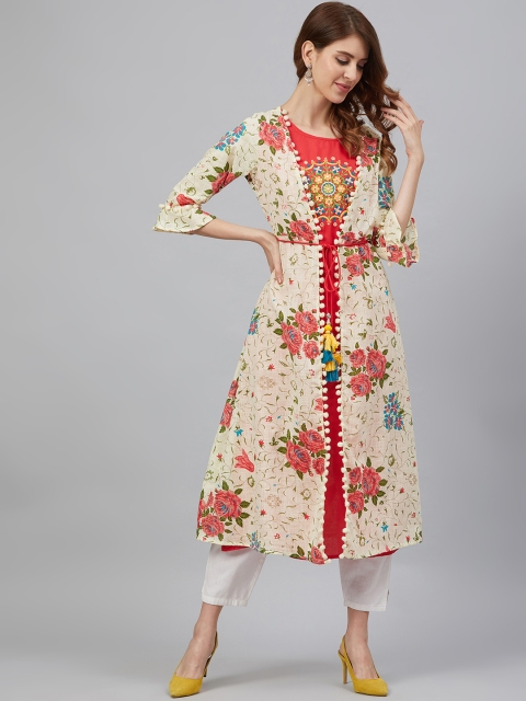 

Juniper Women Cream-Coloured & Red Floral Printed Layered A-Line Kurta