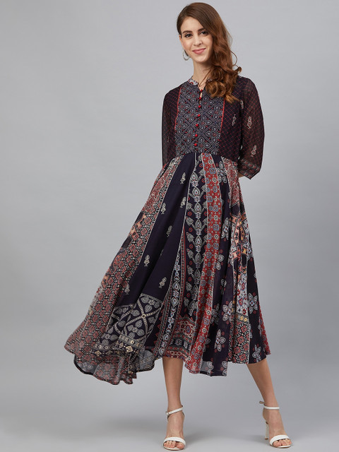 

Juniper Women Navy Blue & Red Printed Asymmetric Maxi Dress