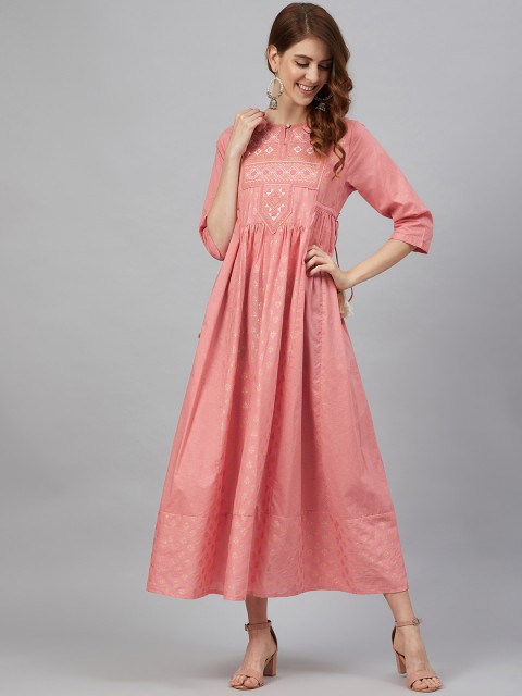 

Juniper Women Coral Pink and Golden Cambric Printed Maxi Dress