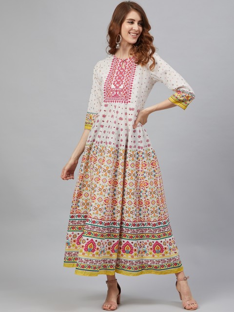 

Juniper Women Off-White & Yellow Mirror Work Embroidered Floral Printed Maxi Dress