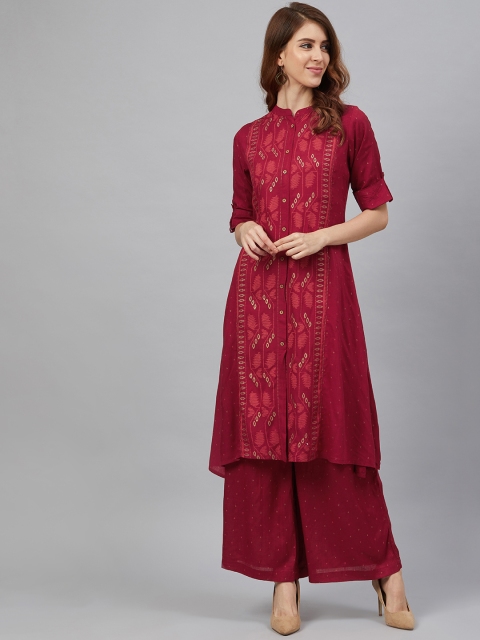 

Juniper Women Red & Golden Foil Printed Asymmetric Kurta with Palazzos