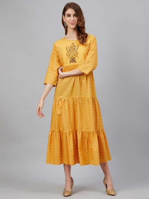 

Juniper Women Mustard Yellow & Red Printed Tiered A-Line Dress