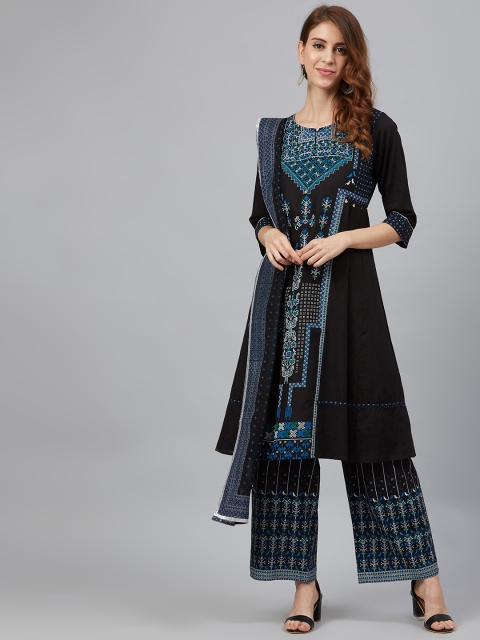 

Juniper Women Black & Blue Khari Printed A-Line Kurta with Palazzos & Dupatta