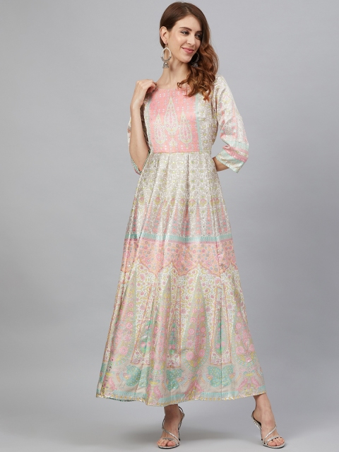 

Juniper Women Off-White & Pink Satin Finish Printed Anarkali Maxi Dress