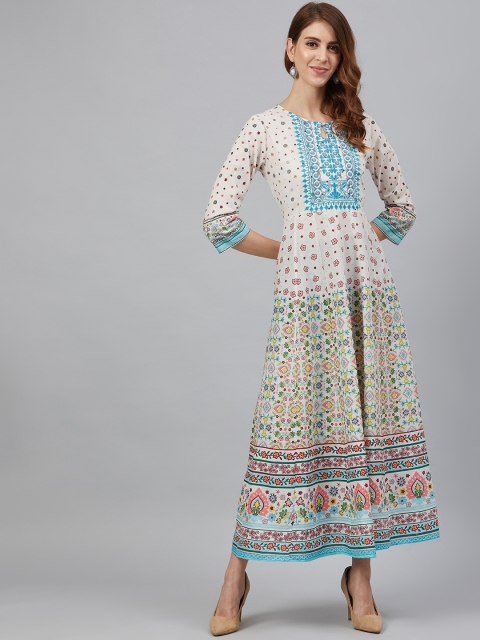 

Juniper Women White & Blue Floral Printed Maxi Dress