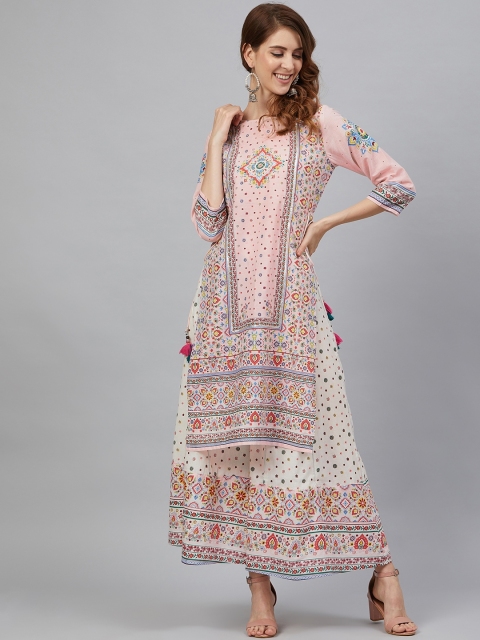 

Juniper Women Pink & Blue Cambric Printed Straight Kurta