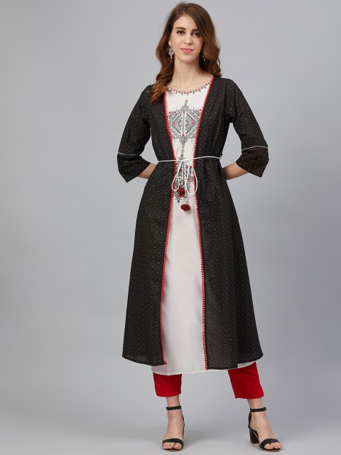 

Juniper Women Black & Off-White Printed A-Line Layered Kurta
