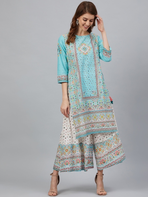 

Juniper Women Blue & Maroon Cambric Printed Straight Kurta