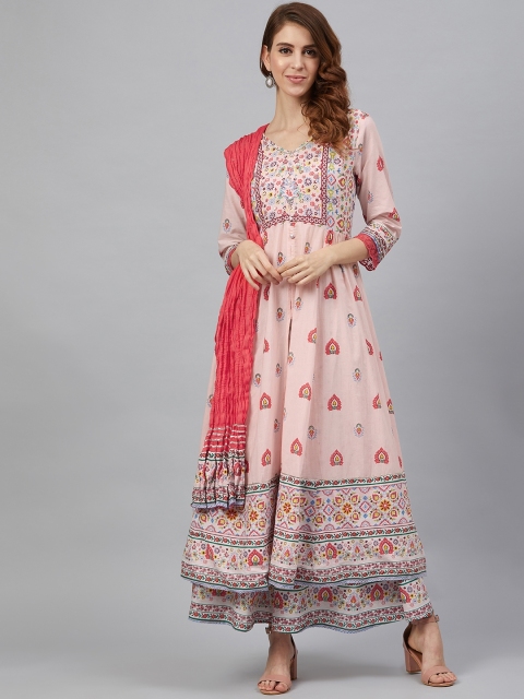 

Juniper Women Pink & Blue Cambric Printed High Slit A-Line Kurta With Dupatta