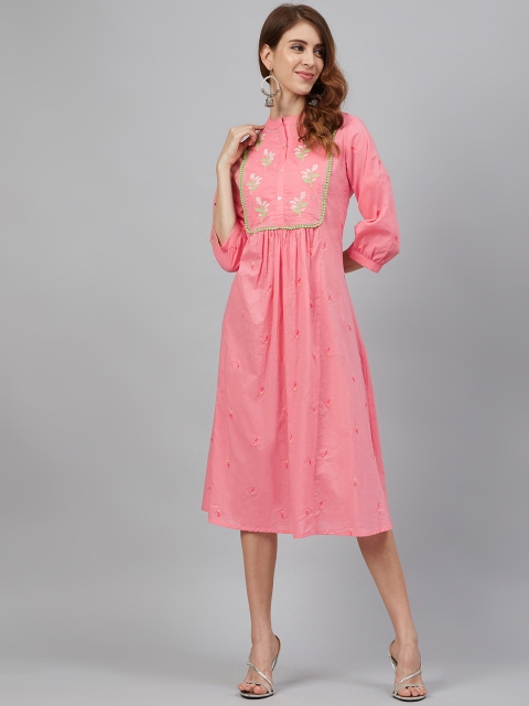 

Juniper Women Pink & Off White Embroidered A-Line Dress