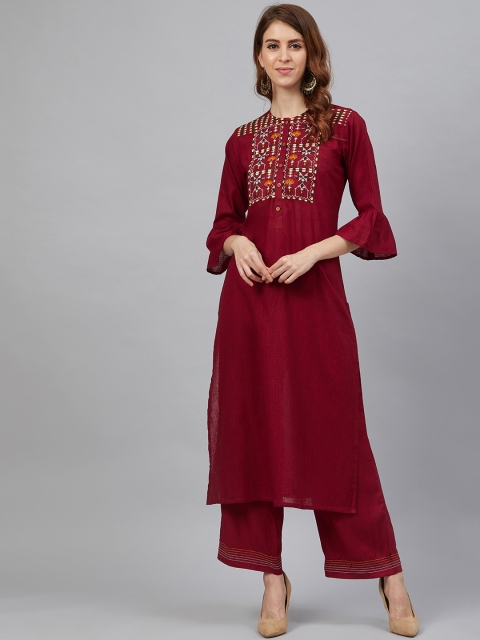 

Juniper Women Burgundy & White Embroidered Yoke Design Kurta with Palazzos