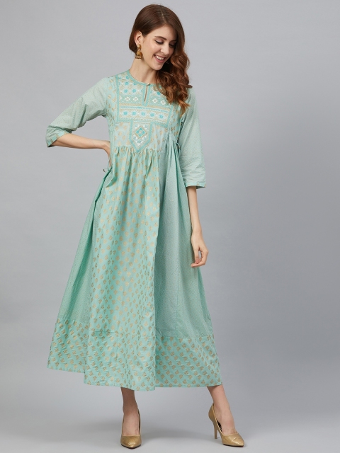

Juniper Women Sea Green & Golden Cambric Printed Maxi Dress