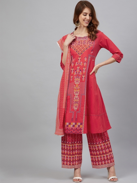 

Juniper Women Red & Off-White Khari Printed A-Line Kurta with Palazzos & Dupatta