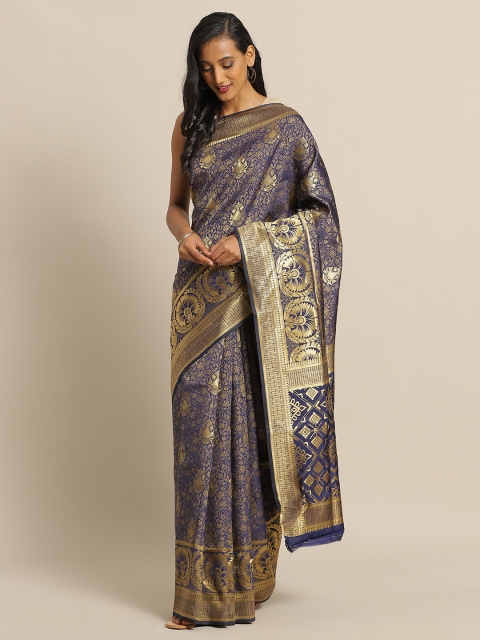 

Mitera Navy Blue & Golden Silk Blend Woven Design Banarasi Saree