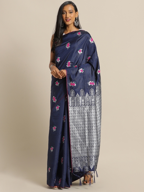 

Mitera Navy Blue & Silver-Coloured Silk Blend Woven Design Banarasi Saree