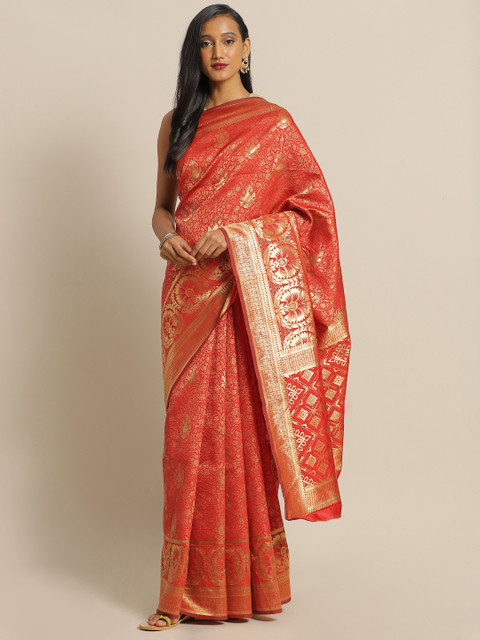 

Mitera Red & Gold-Toned Silk Blend Woven Design Banarasi Saree