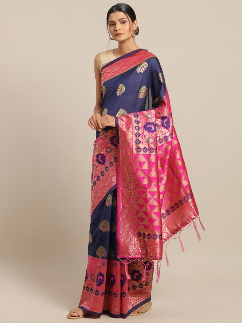 

Mitera Navy Blue & Pink Silk Blend Woven Design Banarasi Saree