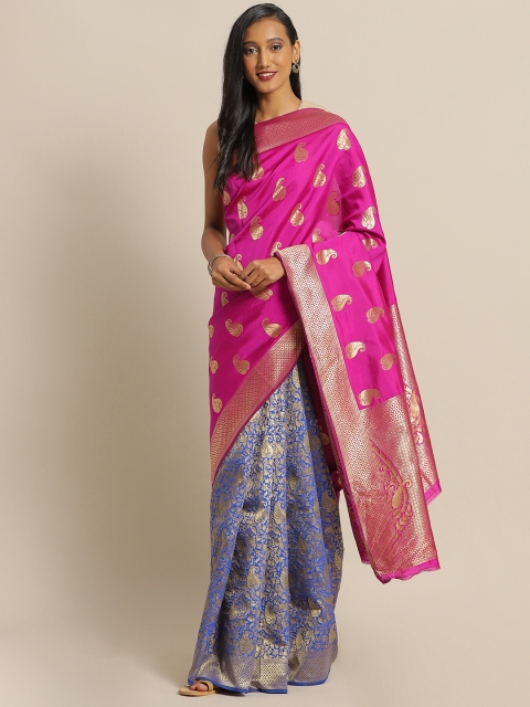 

Mitera Pink & Navy Blue Silk Blend Woven Design Half & Half Banarasi Saree
