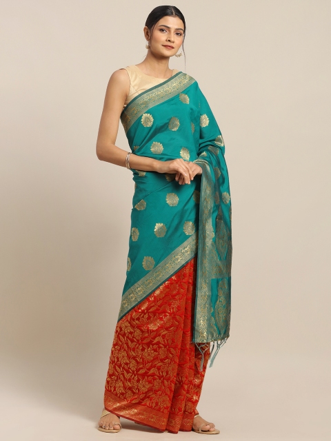 

Mitera Green & Red Silk Blend Woven Design Half and Half Banarasi Saree