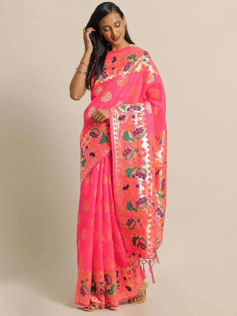 

Mitera Pink & Golden Silk Blend Woven Design Banarasi Saree